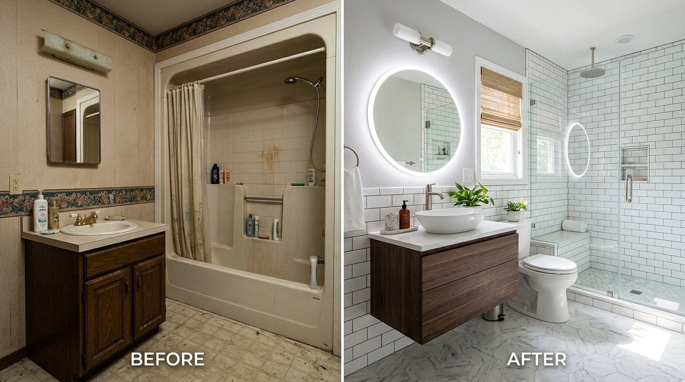 Before and After Bathroom Remodeling in Temecula CA - Resort Temec Plumbers showing slab drain relocation, walk-in shower installation, and master bath transformation
