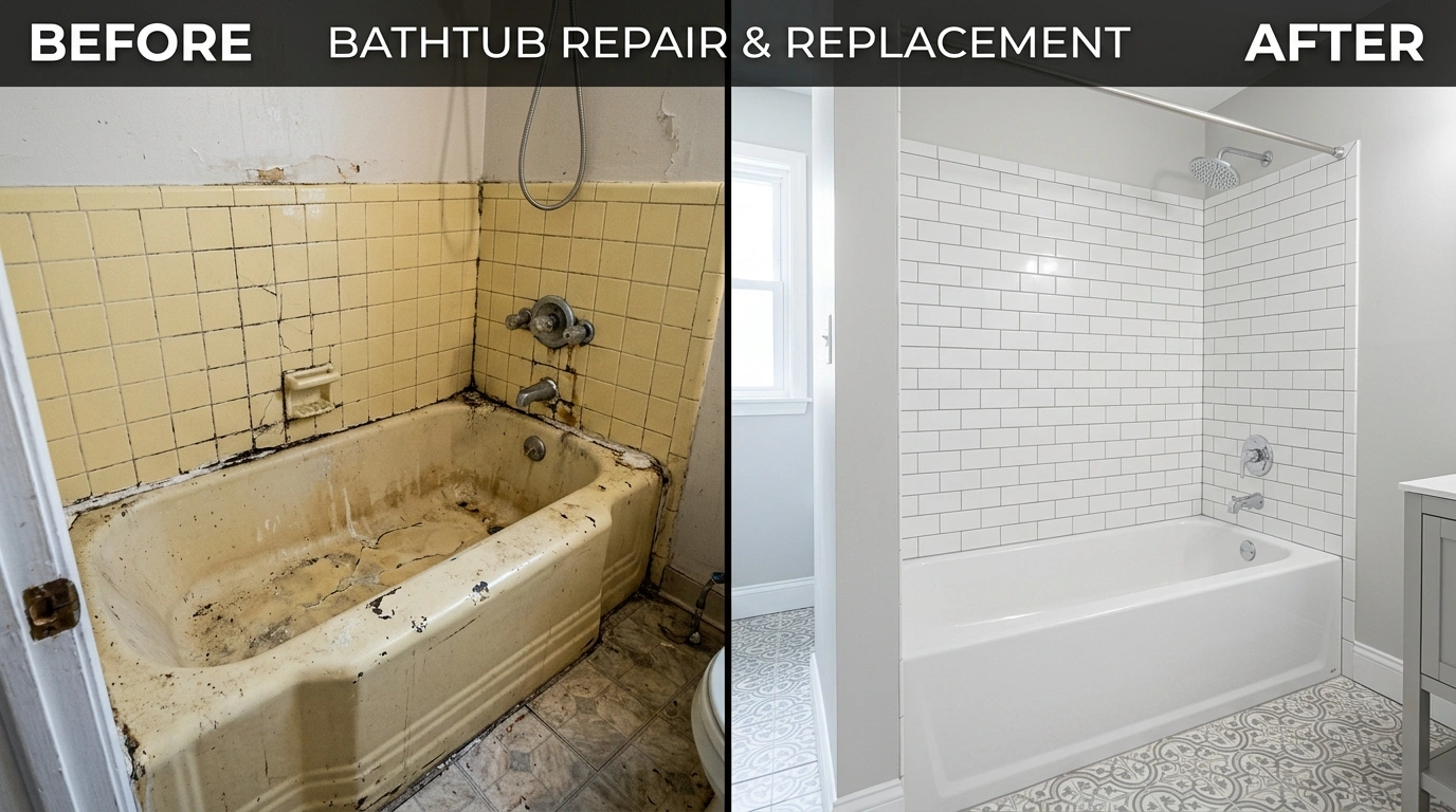 Before and After Bathtub Repair and Replacement in Temecula CA - Resort Temec Plumbers showing hard-water-damaged fiberglass builder tub replaced with new alcove tub and freestanding soaking tub installation