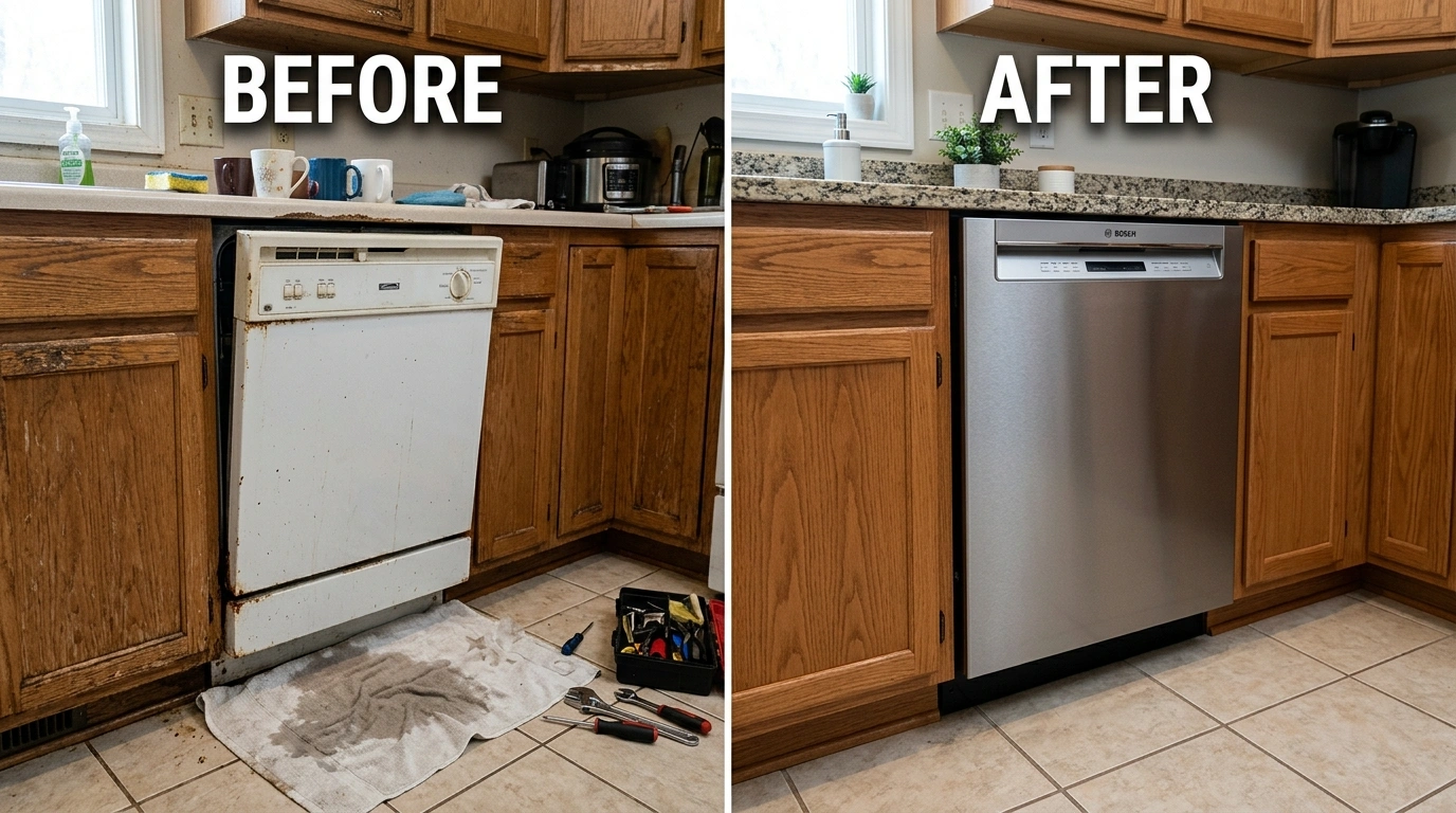 Dishwasher Repair and Replacement Before and After - Supply Valve and Drain Connection Service in Temecula CA