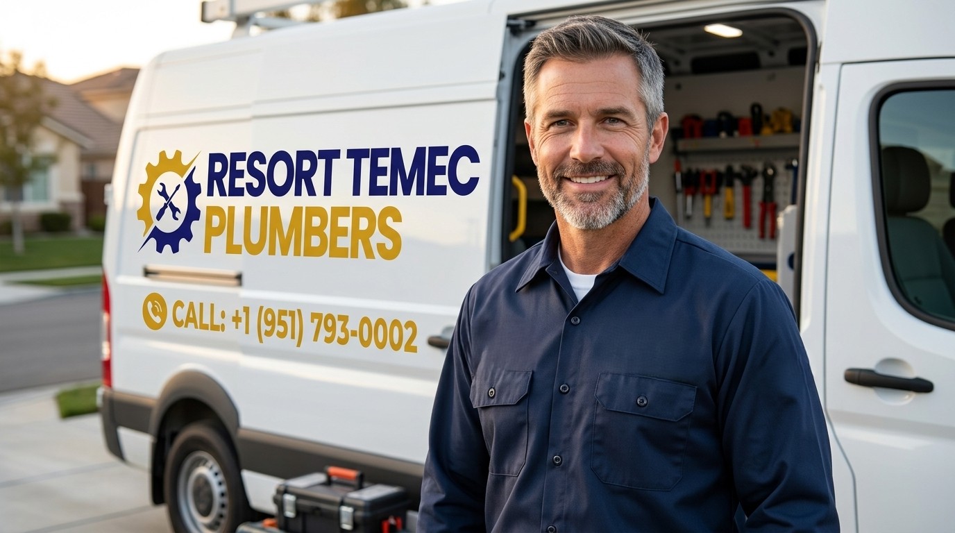 Experienced senior plumber by service van ready for emergency dispatch in Temecula CA