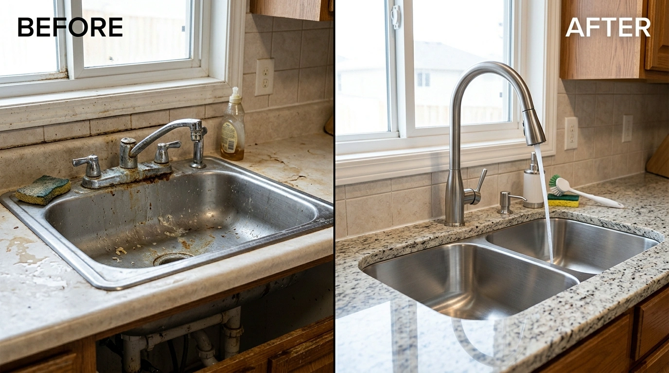Before and after faucet and sink repair and replacement by Resort Temec Plumbers in Temecula CA — aerator cleaning, cartridge replacement, farmhouse sink installation