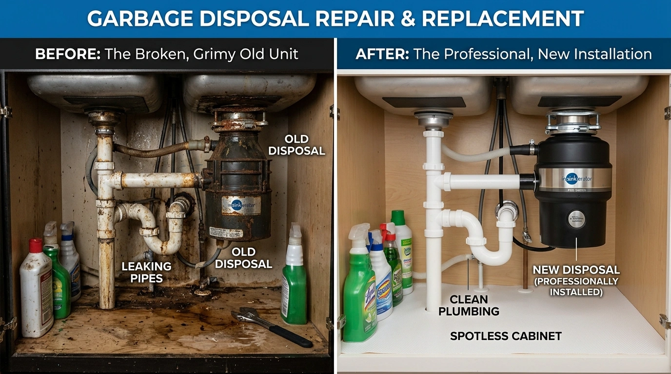 Before and after garbage disposal repair and replacement in Temecula CA - showing corroded builder-grade disposal replaced with new InSinkErator stainless steel unit by Resort Temec Plumbers