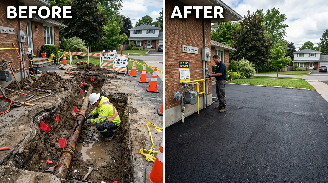 Before and after gas line repair and replacement in Temecula CA showing corroded galvanized pipe replaced with new black iron and CSST with proper bonding