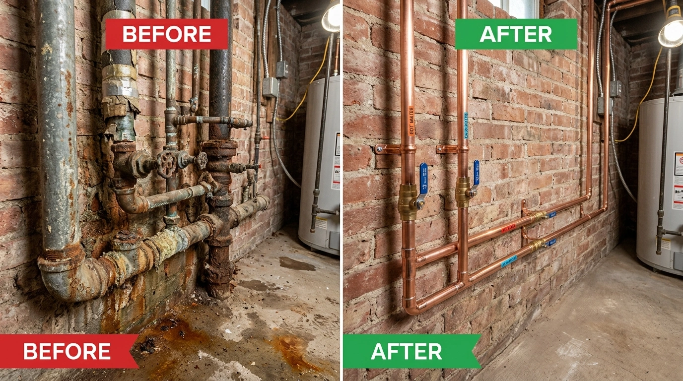 Before and after pipe repiping repair and replacement in Temecula CA — showing old corroded galvanized pipe replaced with new PEX-A supply lines by Resort Temec Plumbers