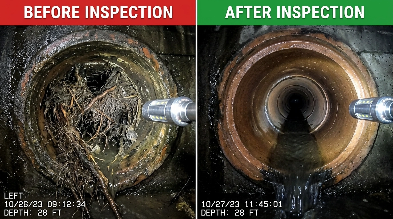 Sewer Camera Inspection Before and After Results — Root Intrusion Detection and Post-Jetting Clear Line Verification in Temecula CA