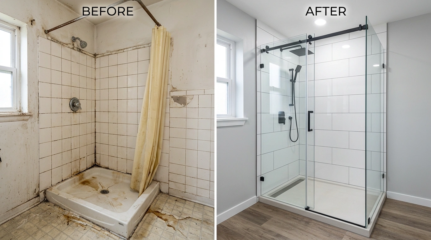 Before and after shower repair and replacement in Temecula CA - Resort Temec Plumbers showing shower pan replacement, frameless glass enclosure installation, and water damage restoration