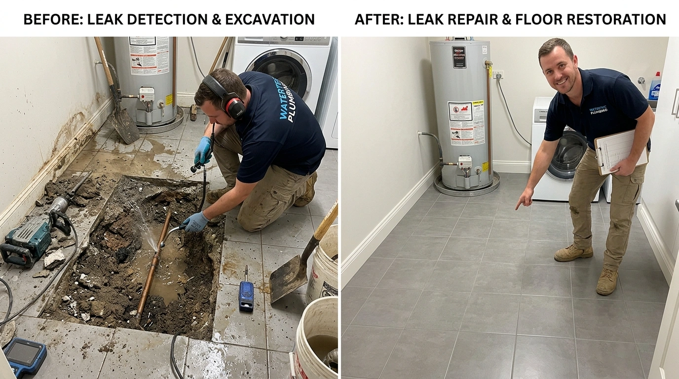 Before and after slab leak detection and repair in Temecula CA - Resort Temec Plumbers showing electronic detection equipment and completed targeted repair
