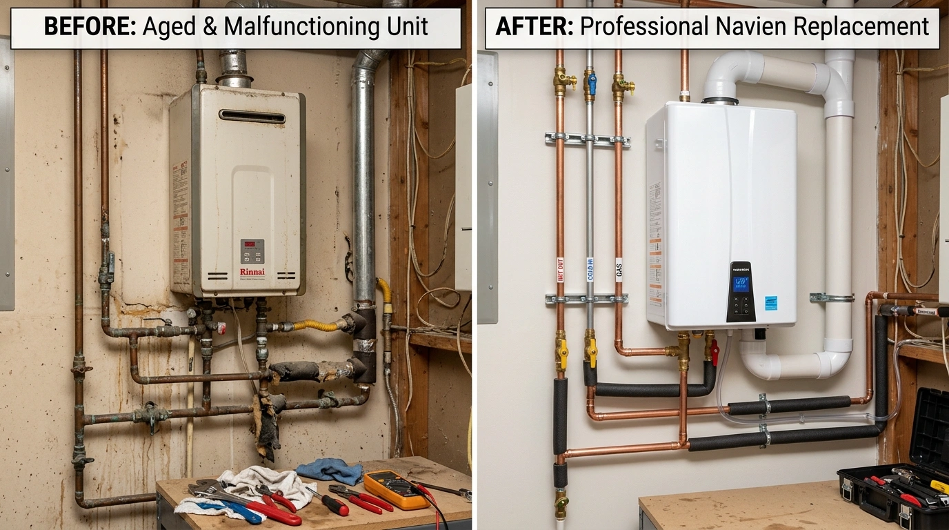 Before and after tankless water heater repair and replacement service in Temecula CA by Resort Temec Plumbers — descaling, SoCalGas rebate installation, and heat exchanger restoration