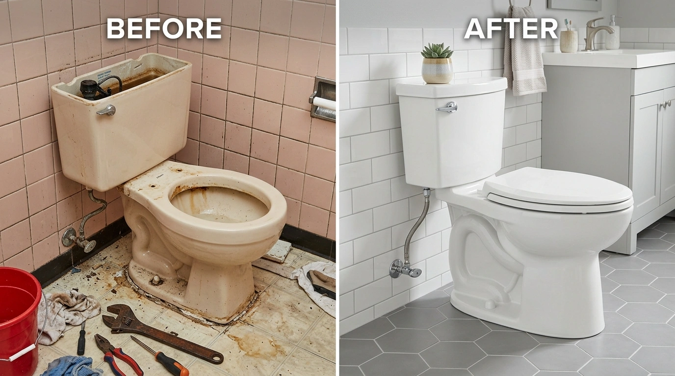 Before and after toilet repair and replacement by Resort Temec Plumbers in Temecula CA — running toilet fix, wax ring replacement, and California 1.28 GPF installation