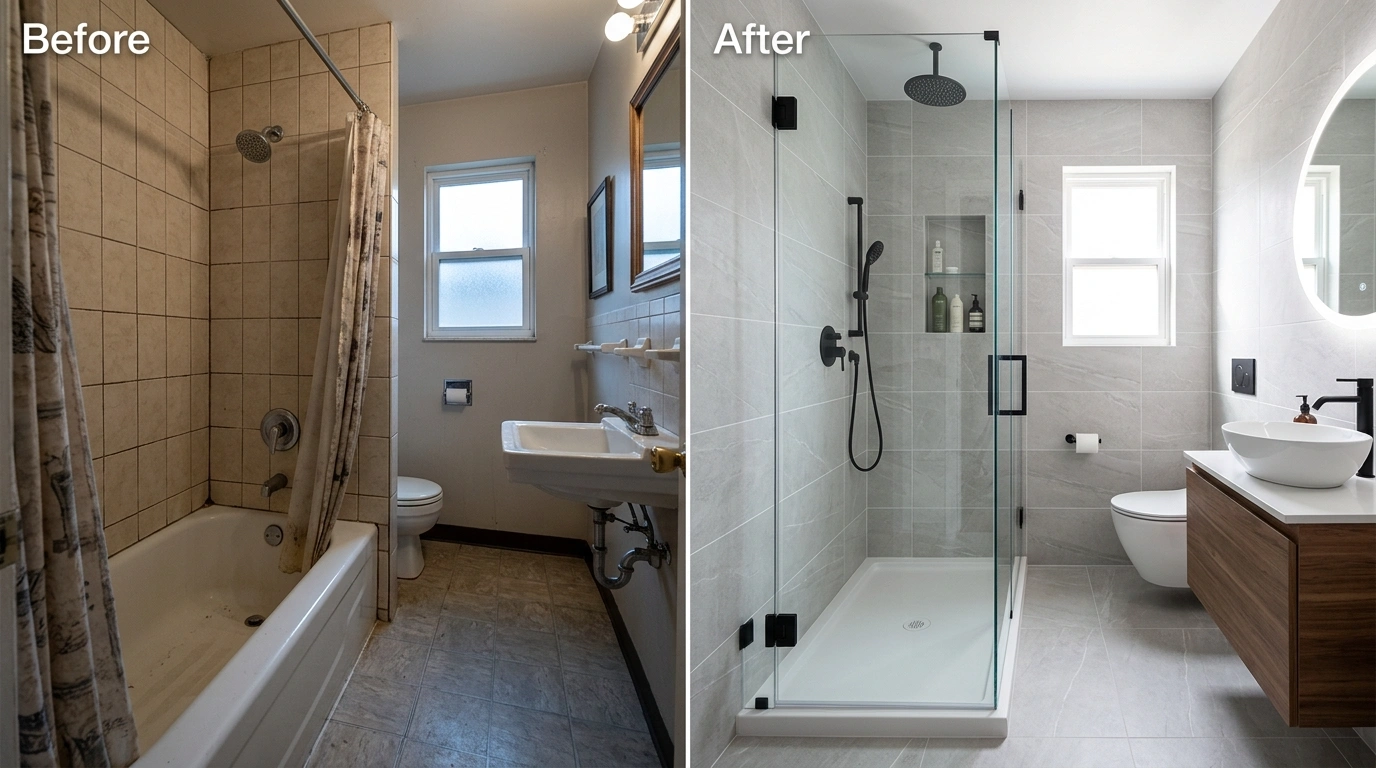 Before and After Tub-to-Shower Conversion by Resort Temec Plumbers in Temecula CA showing accessibility upgrade with curbless walk-in shower installation