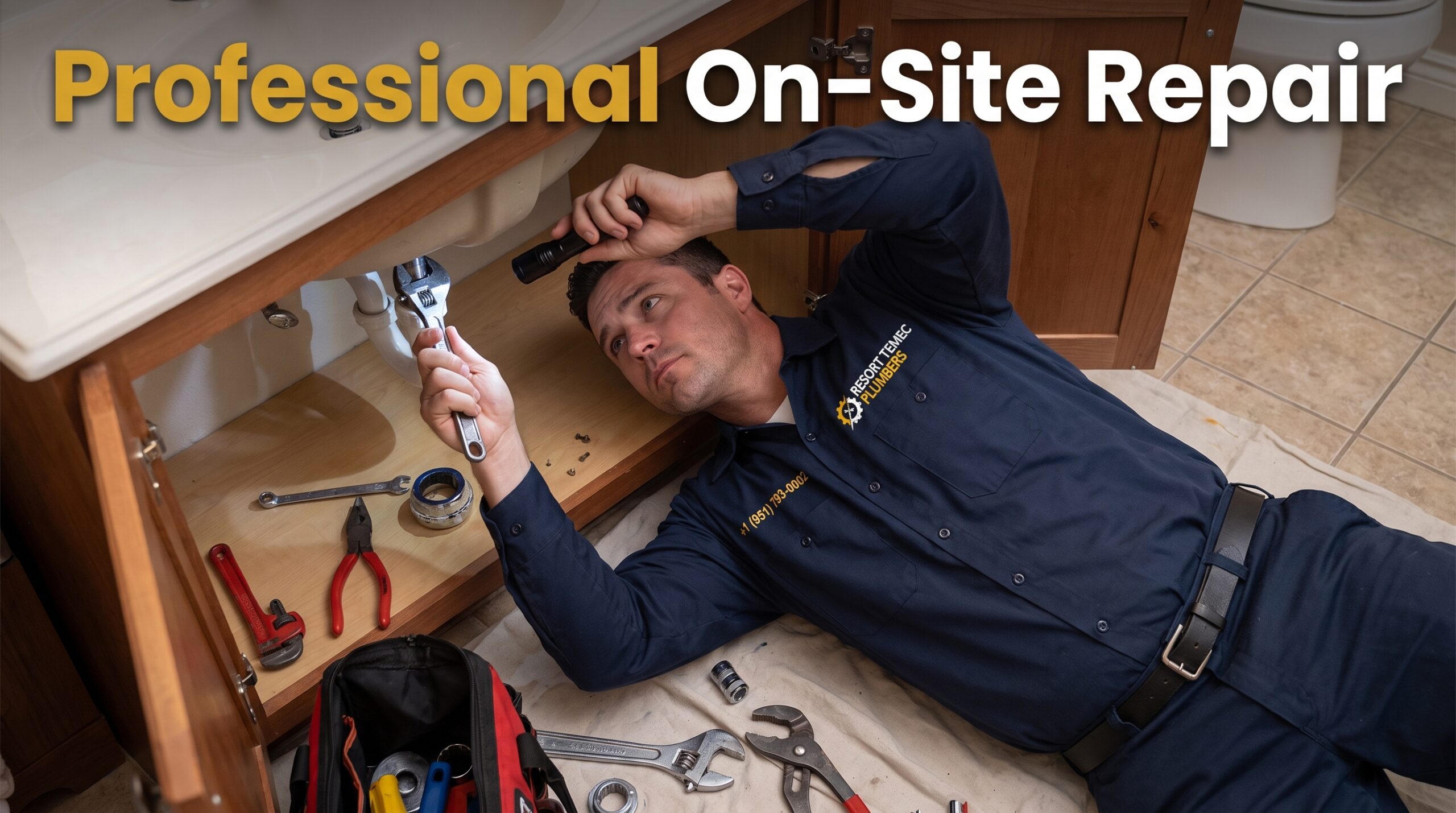Professional plumber performing under-sink repair service in Temecula CA home