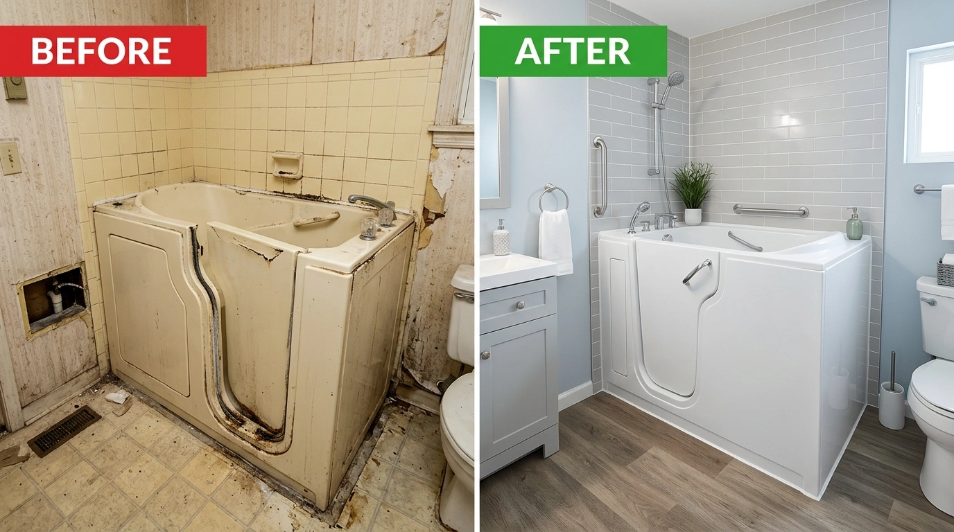 Walk-In Tub Repair and Replacement Before and After Results in Temecula CA - Door Seal Replacement, Hydrotherapy Jet Repair, and ADA-Compliant Installation by Resort Temec Plumbers