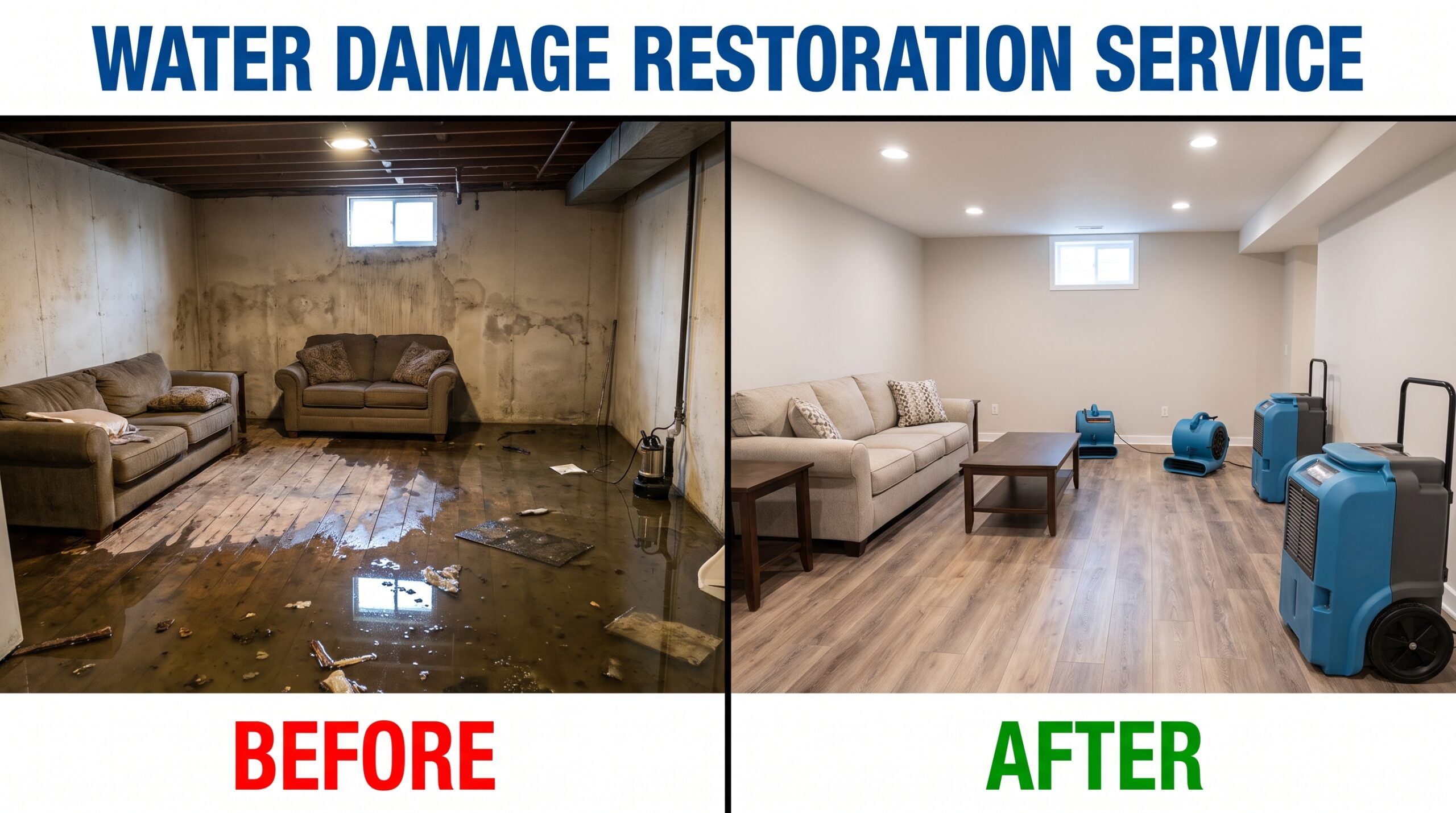 Water damage restoration before and after plumbing source repair in Temecula CA — burst pipe, slab leak, and water heater failure emergency response by Resort Temec Plumbers