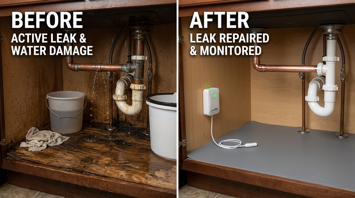 Before and after water leak detection in Temecula CA — Resort Temec Plumbers showing wall cavity leak location using thermal imaging and acoustic detection